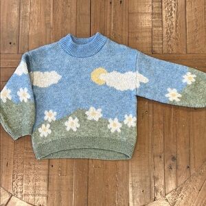 Zara Cloud and Flower Pattern mock neck sweater kids 4-5 years knit pullover